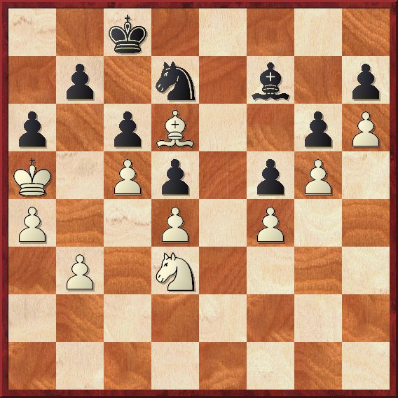Abendstellung, Weiss: Ka5,Ld6,Sd3,Ba4,b3,e5,d4,f4,g5,h6; Schwarz: Kc8,Sd7,Lf7,Ba6,b7,c6,d5,f5,g6,h7