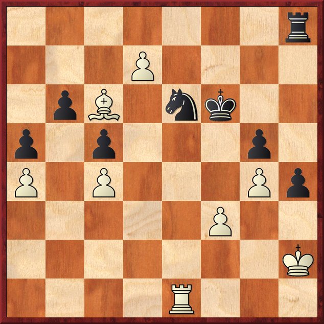 W:Kh2, Te1, Lc6, Ba4, c4, d7, f3, g4; S:Kf6, Th8, Se6, Ba7, b6, c5, g5, h4